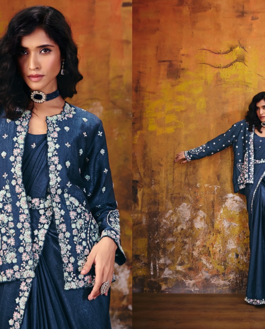 27106 - Dark Blue Embroidered Wedding Party Designer Saree